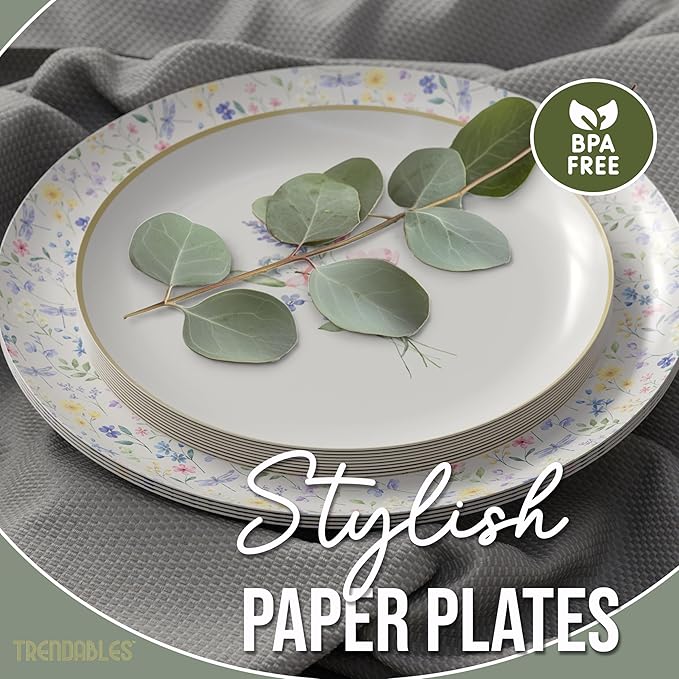 Trendables Heavy Duty Paper Plates Set For 16 Guests - 16 Each Of 8-inch And 10-inch Disposable Plates For Party - Fancy 32 Piece Dinnerware Set For All Occasions | Floral Design, Charm