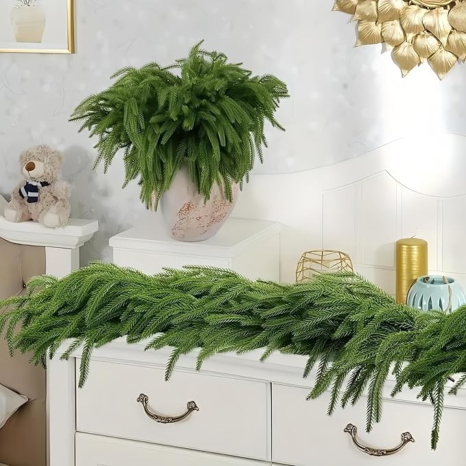 Christmas Decorations Artificial Norfolk Pine Garlands 6FT 2Pcs, Real Touch Winter Pine Garland, Green Artificial Greenery Garland for Table, Mantle, Wall, Indoor, Outdoor Decorations