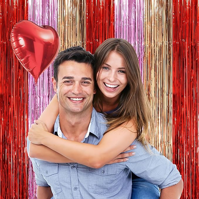 3 Pack 3.3 x 8.2 ft Valentine Foil Fringe Backdrop Curtains, Tinsel Streamers Party Decorations, Fringe Backdrop, Door Shimmer for Valentine or Birthday Party