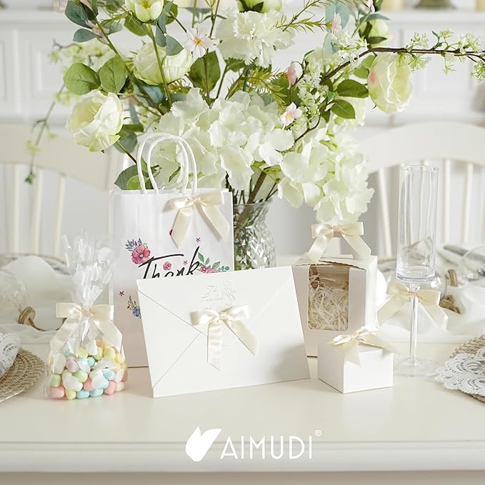 AIMUDI Ivory Bows 2.5" Pretied Satin Ribbon Bows Premade Twist Tie Bow for Treat Bags Cake Pop Bow for Wedding Favors Mini Bows for Gift Wrapping Baby Shower Decorations - 50 Counts