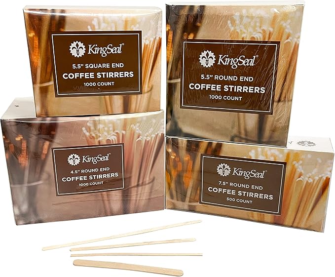 2000 Count | KingSeal Natural Birch Wood Coffee Stirrers, Stir Sticks, 5.5 Inch, Square End, Earth-Friendly, Biodegradable - 2 Boxes x 1000 Stirrers