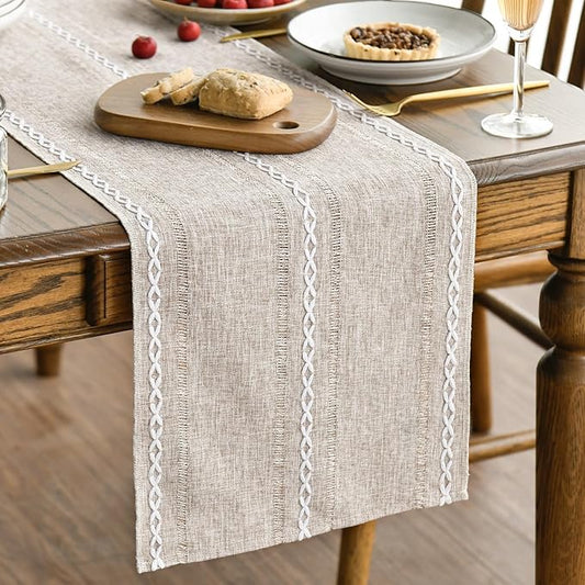 Artoid Mode Brown Rustic Cotton Linen Table Runner, Seasonal Embroidered Hollow Kitchen Dining Table Decoration for Home Party Decor 13x72 Inch