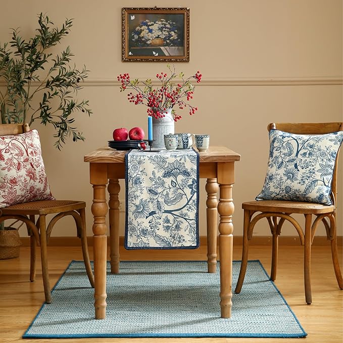 ISAENNE Designer Chinoiserie Elegant Linen Table Runner 87 Inches Long,Blue Floral Pattern Decor Table Runners for Thanksgiving,Dining Room,Banquet,Kitchen Tables,Christmas,12"*87"-Ruyi B