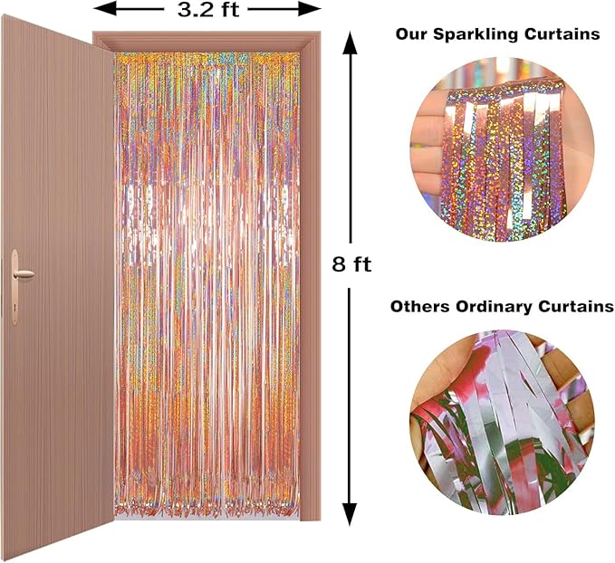 Foil Fringe Curtains Party Decorations - Melsan 3 Pack 3.2 x 8.2 ft Tinsel Curtain Party Photo Backdrop for Birthday Party Baby Shower Rose Gold