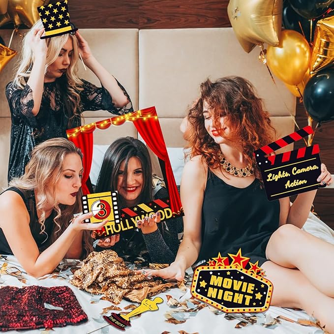34pcs Hollywood Themed Movie Night Party Photo Booth Props, Hollywood Selfie Frame with Party Photo Props, Red Carpet Cutouts Cards Table Toppers Theme Decor Movie Night Party Supplies
