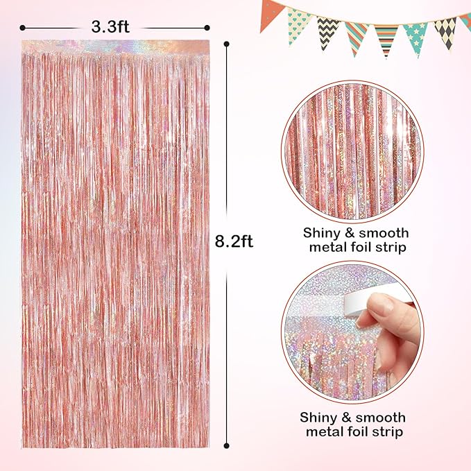 Rose Gold Metallic Tinsel Foil Fringe Curtains, 2 Pack 3.3x8.3 Feet Party Streamer for Birthday Party Decorations, Halloween Decor, Foil Curtain Backdrop for Bachelorette Party