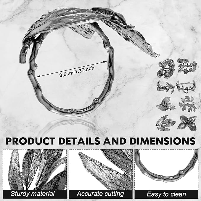 Cunhill 8 Pieces Herb Napkin Rings Set Vintage Leaf Napkin Holders Rings Glossy Holder Adornment Metal Table for Graduation Holidays Wedding Graduation Party Decor Everyday Use(Silver)