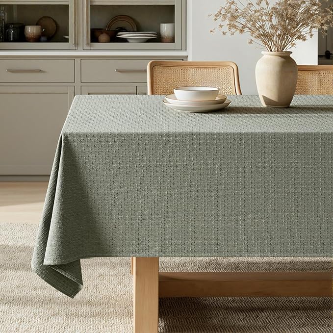 MIULEE Olive Green Linen Cottton Table Cloth Rectangle Tablecloth Waterproof Spillproof Cross-Star Textured Table Cltoth Decorative Farmhouse Style for Dining Party Weddings 52x70 Inch