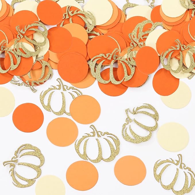 VHUWE Thanksgiving Confetti, 200 Pcs - Orange Round Confetti and Gold Pumpkin, Autumn Fall Paper Confetti for Thanksgiving Table Decorations and Party Supplies - Paper