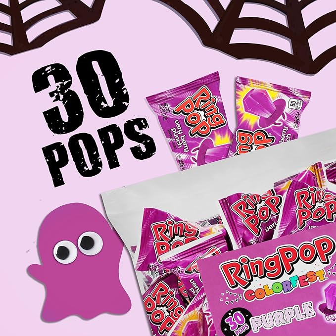 Ring Pop Purple Halloween Candy Lollipops, 30Ct Bulk Individually Wrapped in Very Berry Punch Flavor, Full Size, Fun Candy For Birthday, Party Favors, Trick or Treat, Halloween Bowls, Gifts For Kids