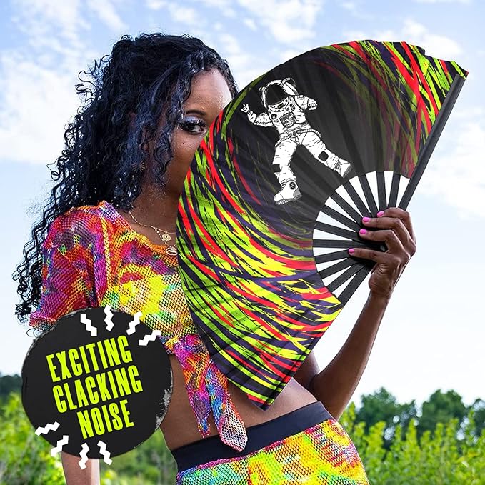 GloFX Rave Fan - Spaced Out Astronaut - Large Folding Fan - Music Festival Essential, EDM Rave Accessories, Folding Hand Fan, Clack Fan