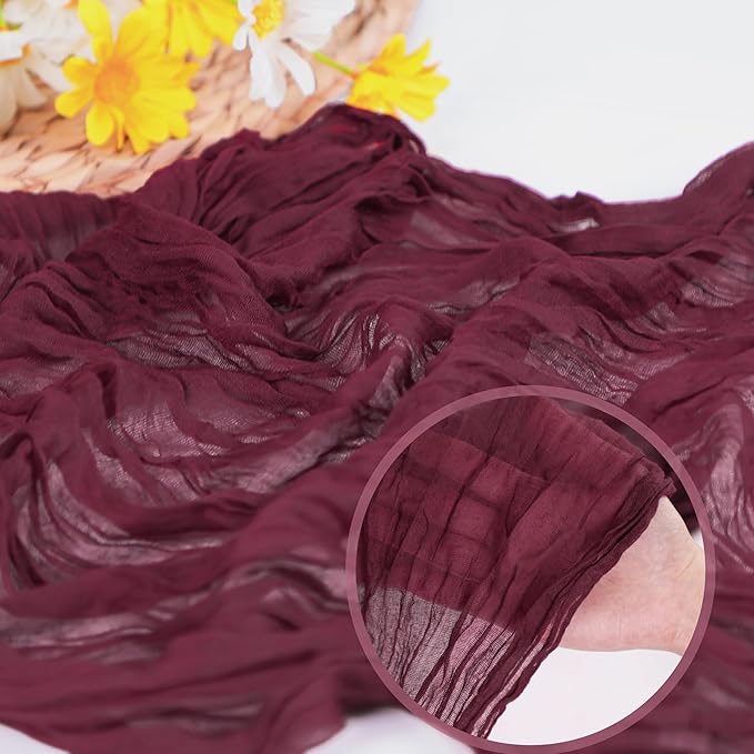 Snowkingdom 10 Ft Burgundy Red Fall Thanksgiving Cheesecloth Table Runner, Cheese Cloth Boho Rustic Gauze Runner for Wedding Bridal Baby Shower Birthday Christmas Sheer Home Table Decorations