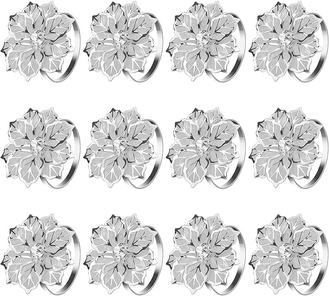 KPOSIYA Hollow Out Flower Napkin Ring Holder Metal Napkin Rings Set of 20 for Wedding Party Holiday Banquet Christmas Dinner Delicate Serviette Buckles Decor Favor (20, Flower-Silver)