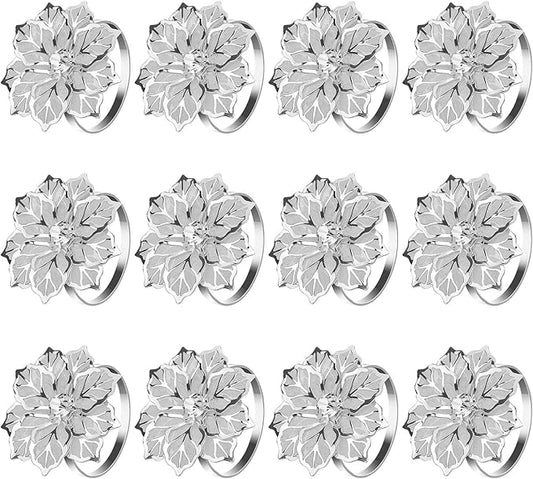 KPOSIYA Hollow Out Flower Napkin Ring Holder Metal Napkin Rings Set of 20 for Wedding Party Holiday Banquet Christmas Dinner Delicate Serviette Buckles Decor Favor (20, Flower-Silver)