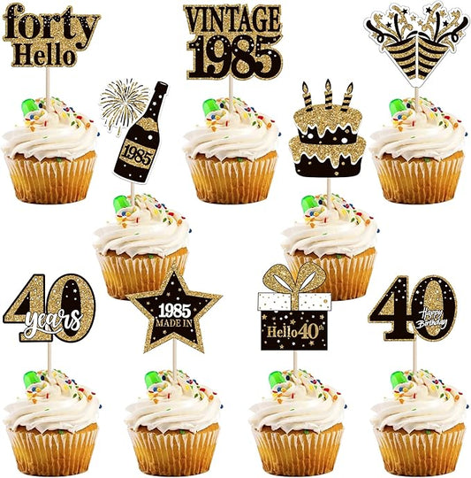 36PCS Happy 40th Birthday Cupcake Toppers Double Sided Black Gold Forty Hello 40 Vintage 1985 Cupcake Picks Cheers to 40 Years 40 Fabulous Cake Decorations for 40th Birthday Party Supplies