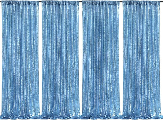 Baby Blue Christmas Backdrop Curtains 4 Pieces 2FTx8FT Sequin Photography Background Curtain for Party Decoration