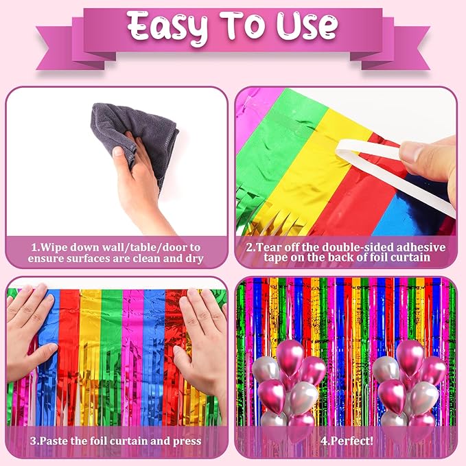 4 Pack 3.3x8.2 Feet Rainbow Foil Fringe Backdrop Curtains, Tinsel Streamers Birthday Party Decorations, Fringe Backdrop for Graduation, Baby Shower, Gender Reveal, Disco Party