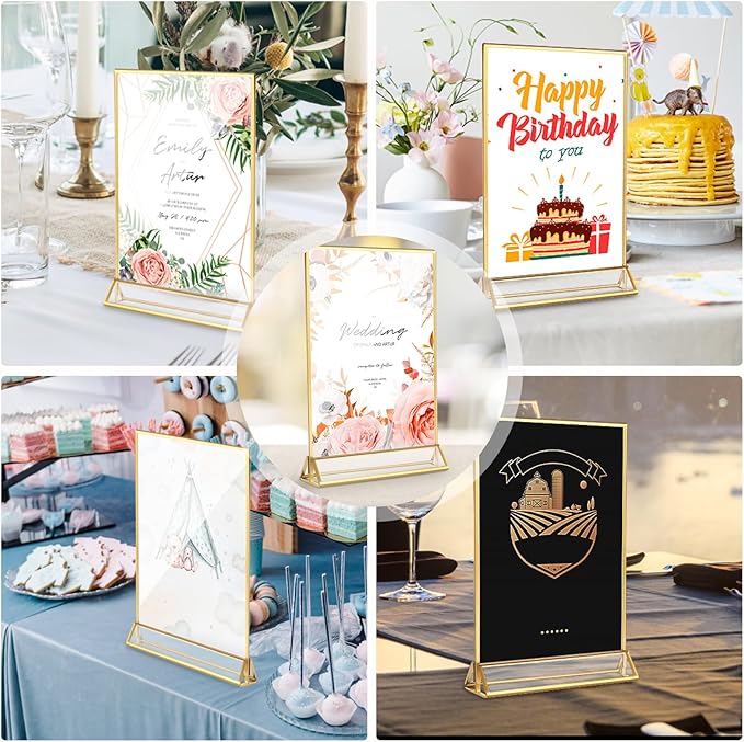 18 Pack Acrylic Sign Holder, 5x7 Inch Double-Side Gold Picture Frames Stands for Display, Vertical Table Top Sign Holders for Wedding, Party, Offices, Table Numbers, Home