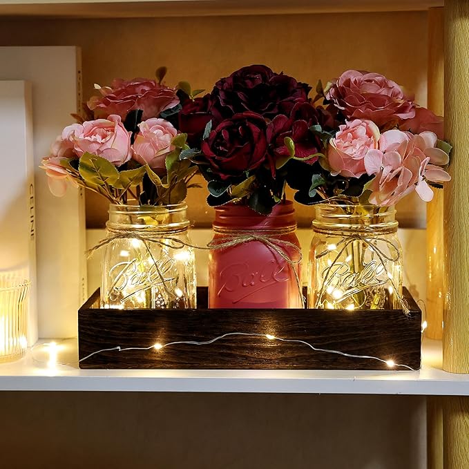 Mason Jar Lights Centerpiece for Table, Mason Jar Centerpiece Decor for Dining Room Farmhouse Coffee Table Decor with Wood Tray Fairy Lights Peony Flowers for Kitchen Living - Burgundy Pink