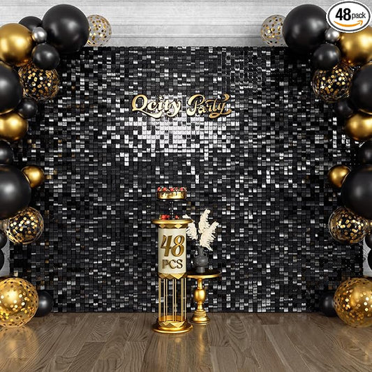 Qcity Black Shimmer Wall Backdrop 48PCS, Black Back Not See-Through Design, Square Sequin Glitter Backdrop Panel, Perfect for Outdoor Events, Birthdays, Wedding and Party Decoration