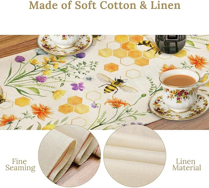 Summer Bee Table Runner, Seasonal Spring Wildflowers Bee Yellow Honeycombs Farmhouse Table Runner for Kitchen Dining Table Home Party Decor, 13x90inch