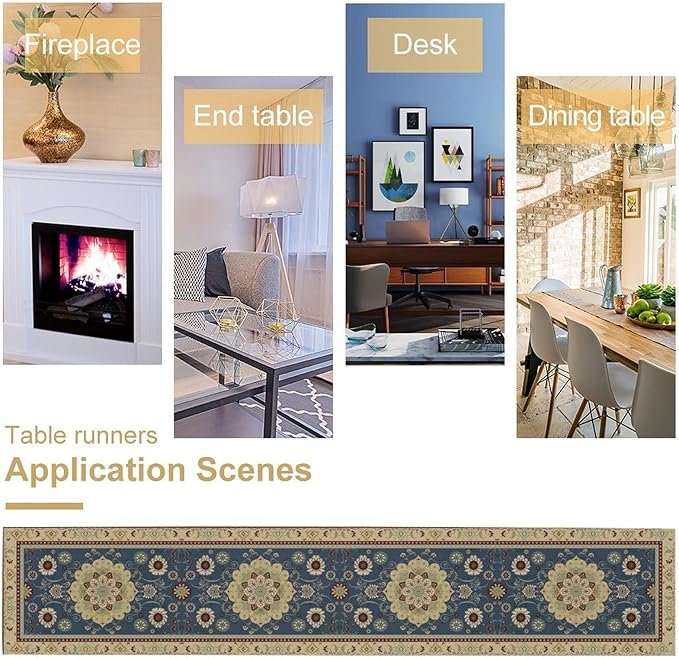 Vintage Boho Floral Table Runner, Elegant Rustic Country Farmhouse Blue Yellow Retro Flower Pattern for Home Kitchen Table Decor Dining Coffee Room Party Decor 13x108in