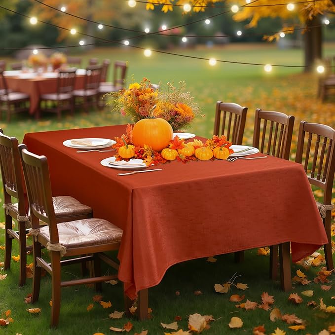 Fitable Faux Linen Rectangle Tablecloths 60 x 120 Inch - 2 Pack Rust Table Cloth for 6-8 Foot Tables, Faux Burlap Kitchen Table Cover for Thanksgiving Autumn Dining Party Farmhouse Banquet Buffet