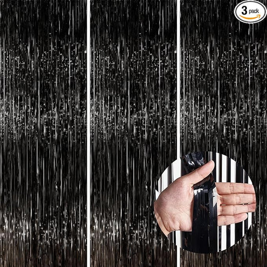 PartyWoo Black Streamers Tinsel Backdrop Curtain 3pcs 8.2ft Foil Fringe Curtain for Black History Month Juneteenth Gothic Wedding Retirement Halloween Cow Print Theme Party Celebration Decorations