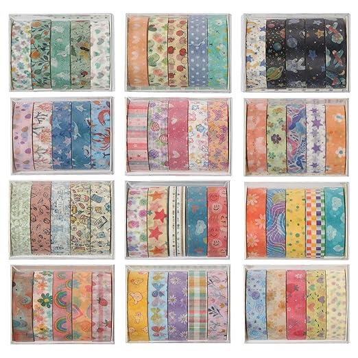 YUBBAEX 60 Rolls Value Washi Tape Pack Retro Arts Masking Tape Basic Patterns Decorative for DIY Crafts, Bullet Journal Supplies, Planners, Scrapbook, Card/Gift Wrapping (Cotton Candy)
