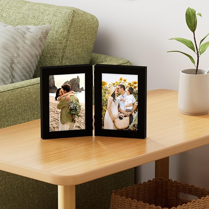 decorUhome Double 4x6 Picture Frame Vertical, Engineered Wood Bifold Photo Frame with Plexiglass for Tabletop Display, 4x6, Black