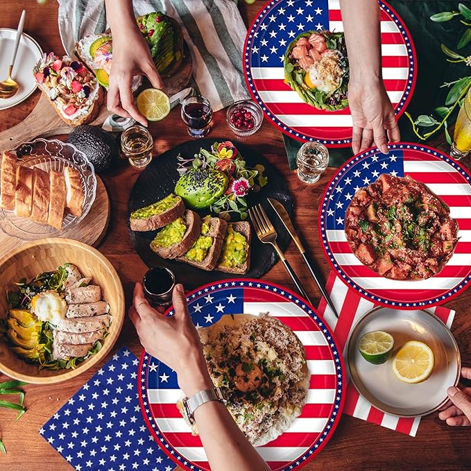 Gatherfun American Flag Patriotic Party Supplies Disposable Napkins and Paper Plates for Veterans Day Election Day 4th of July Independence Day Decorations, Serve 50
