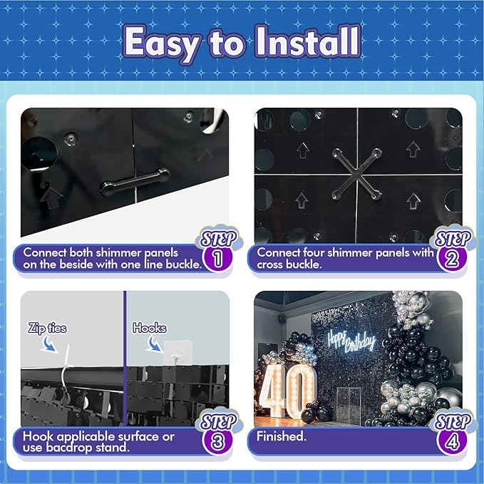 Qcity Rainbow Blue Shimmer Wall Backdrop 36PCS, Black Back Not See-Through Design, Square Sequin Glitter Backdrop Panel, Perfect for Outdoor Events, Birthdays, Wedding and Party Decoration