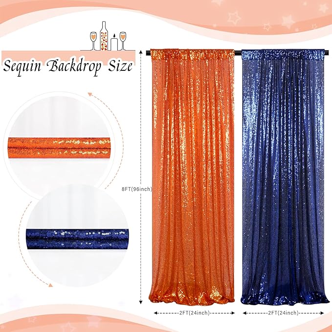 ShinyBeauty Navy and Orange Backdrop - 2FTx8FT Blue Photo Backdrops, Sequin Curtains, Glitter Fabric for Happy Birthday Parties and Events Halloween Decor