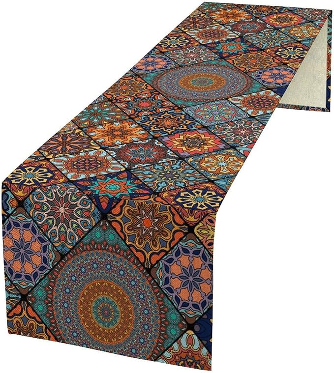 Bohemian Table Runner, Colorful Vintage Indian Mandala Floral Table Runners for Kitchen Dining Coffee Table Indoor Outdoor Party Decor, 13x60inch