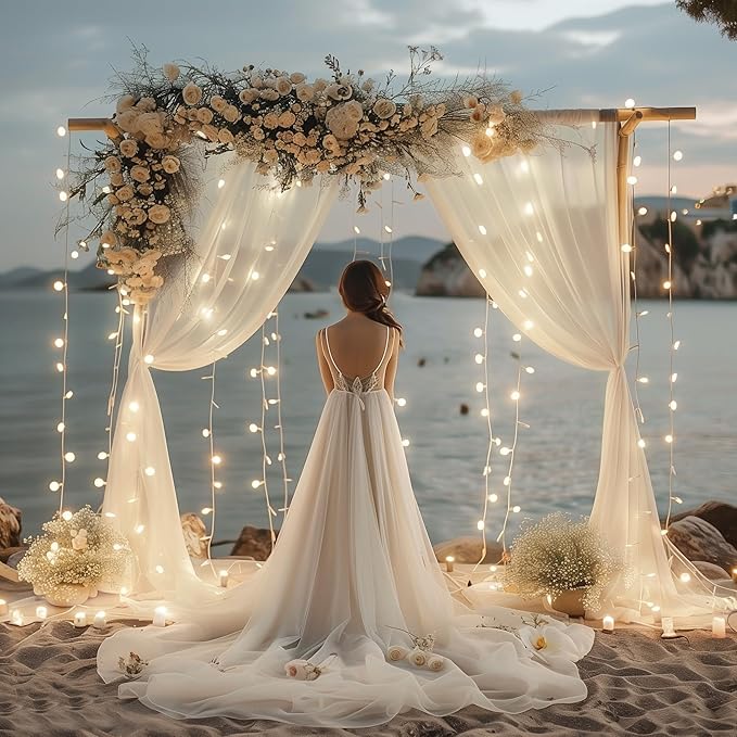 Fomcet Ivory Tulle Backdrop Curtains with Lights String 10FT X 10FT Sheer Curtain with Lights Tulle Curtains Backdrop for Wedding Birthday Party Photo Shoot (2 Panels 5x10FT)