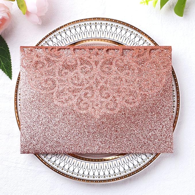 PONATIA 5.12 X 7.2 Rose Gold Glitter Wedding Invitations, 20PCS Tri-Fold Laser Cut Invitations Pockets With Envelopes For Wedding Bridal Shower Engagement Quinceanera Invitations (No Inner Sheet)