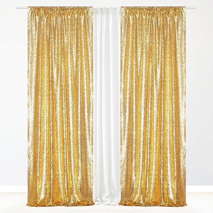 Eternal Beauty Gold Sequin Backdrop Curtains, Shimmer Back Drop 2Panels-2FTx8FT for Christmas, Party, Birthday, Photography, Wedding, Baby Shower Event Decoration