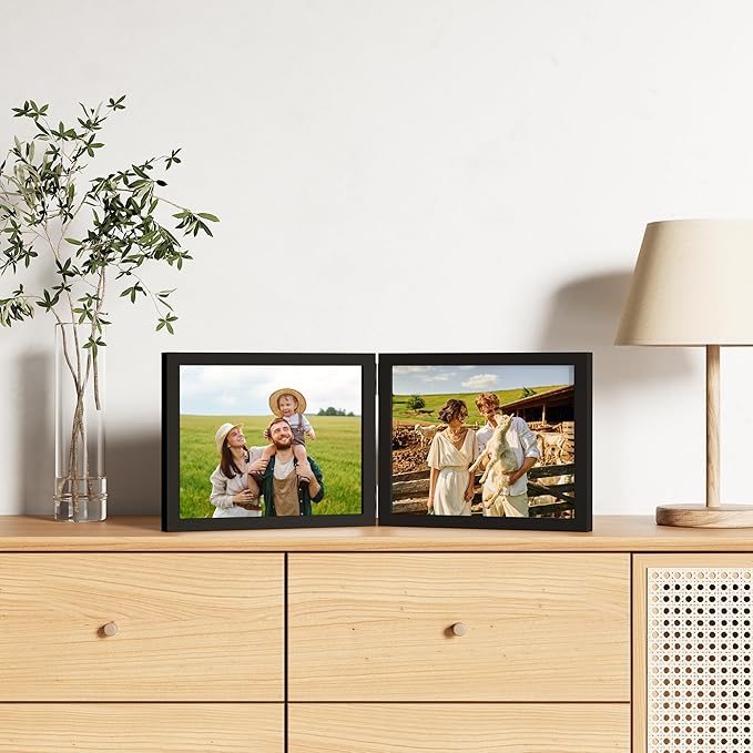 decorUhome Double 10x8 Picture Frame Vertical, Engineered Wood Bifold Photo Frame with Plexiglass for Tabletop Display, 10x8, Black