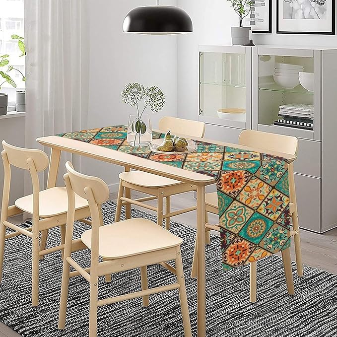 Bohemian Patchwork Table Runnerboho Colorful Tile Patchwork Indian Floral Print Table Runner for Home Kitchen Indoor Outdoor Party Wedding Decor, 13x108inch