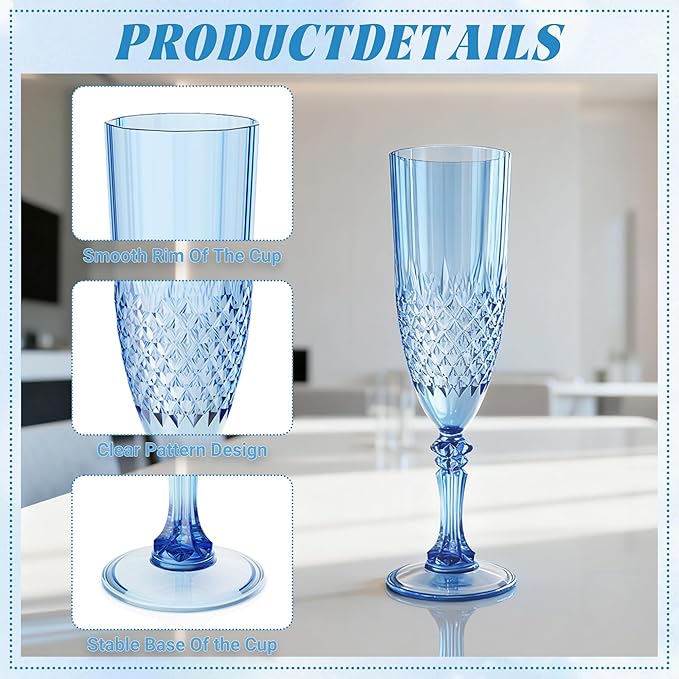 Plastic Champagne Flutes, 24PCS Blue Wine Glasses Goblets Cups Reusable Flute, for Weddings Bachelor Parties Toasting and Events (24, Blue)