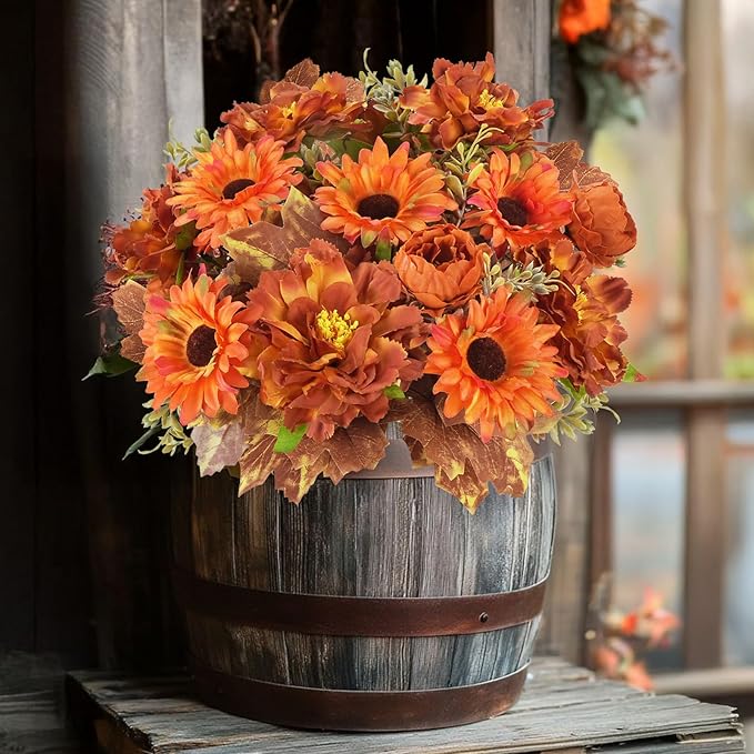 6 Pcs Fall Flowers Artificial for Decoration Silk Burnt Orange Flowers Fall Artificial Sunflowers Bouquet with Fall Leaves Stems 13 Inch Mixed Bush for Outdoor Decoration Cemetery Grave Autumn