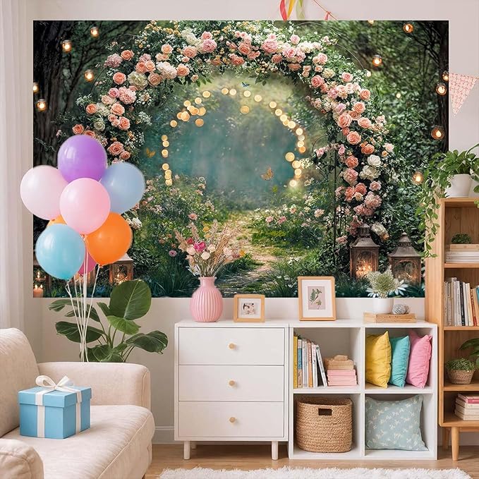 6x6ft Enchanted Forest Wedding Photography Backdrop Wonderland Roses Fairy Tale Backdrop Pink Flower Birthday Newborn Baby Shower Wedding Bridal Party Banner Photo Booth Props Anniversary Background