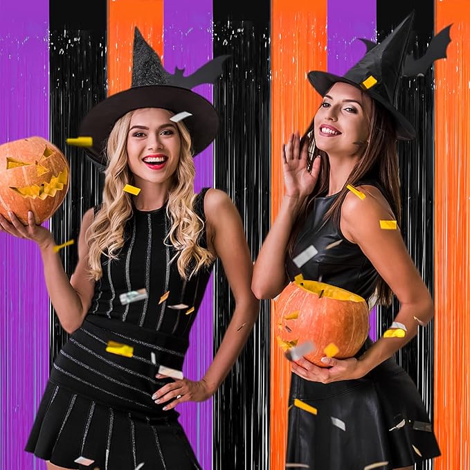 3 Pack 3.3 x 8.2 ft Halloween Foil Fringe Backdrop Curtains, Tinsel Streamers Party Decorations, Fringe Backdrop