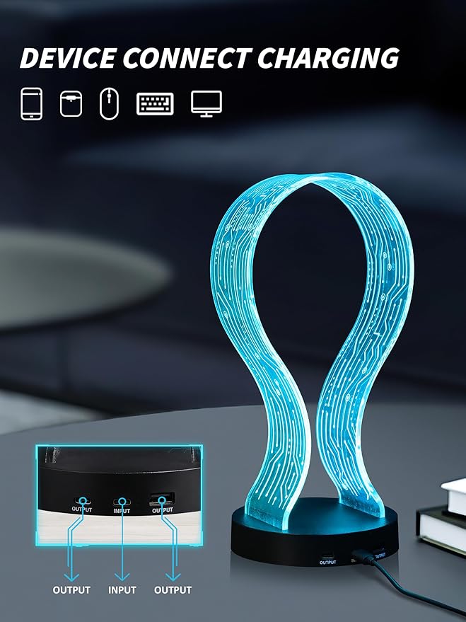 YuanDian RGB Headphone Stand with 1 USB Charging Port and 1 Type-C Charging Ports, Desk Gaming Headset Holder with 16 Changing Colors by Remote, Gift for Gamers Men and Music Lovers