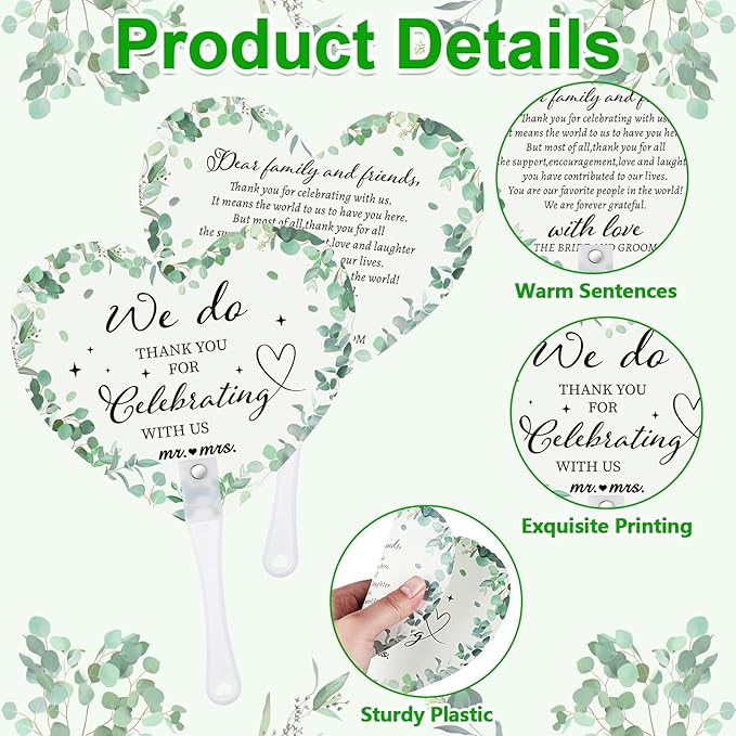60Pcs Wedding Fan Gifts for Guests Greenery Handheld Fan with 1 Wedding Table Sign, Greenery Wedding Favors Thank You Fans for Guests Hostess Gifts Plastic Handheld Heart Shape Fan Green Leaf Pattern