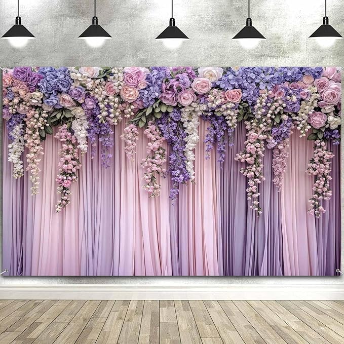 5x4ft Purple Flower Wedding Photography Backdrop Lavender Floral Wedding Bridal Photography Backdrop Anniversary Birthday Baby Shower Girl Party Banner Photo Booth Props Background Wall Decor
