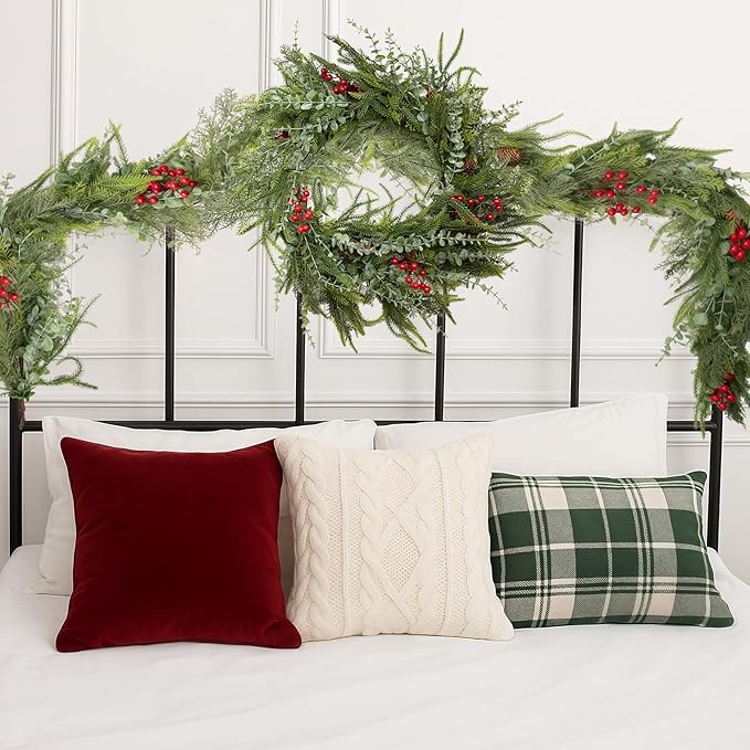 9FT Christmas Garland Norfolk Pine Tree Artificial Cedar Eucalyptus Greenery, Realistic Pine Garland for Mantel Fireplace Stair Rail Doorway Table Centerpiece, Indoor Outdoor Winter Decor