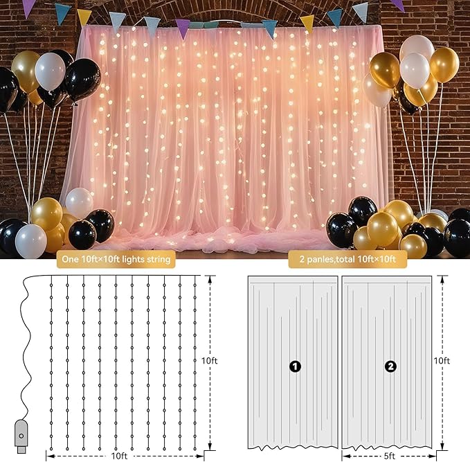 10×10ft Tulle Backdrop Curtains with Lights String - 300LED Fairy Lights Sheer Curtain Backdrop for Weddings Baby Shower and Birthday Party Decorations(2 Panels 5×10ft)
