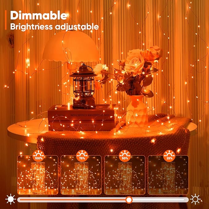 4 Pack 65.6 Ft. Battery Operated Outdoor String Lights with Remote & Timer, LED Orange Fairy Lights, Waterproof Twinkle Lights for Bedroom, Dorm, Mason Jar, Wedding, Party, Christmas