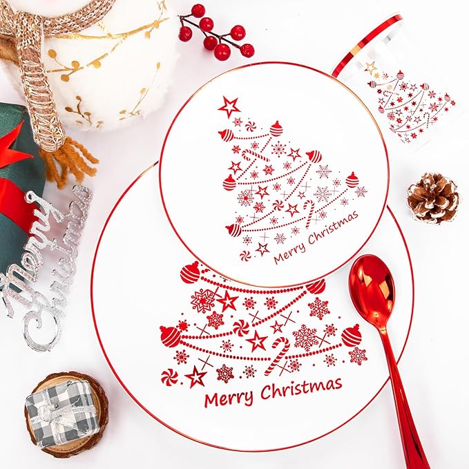 Supernal 150pcs Christmas Dinnerware - Plastic Plates, Cups, Silverware with Red Christmas Tree Pattern for Party and New Year